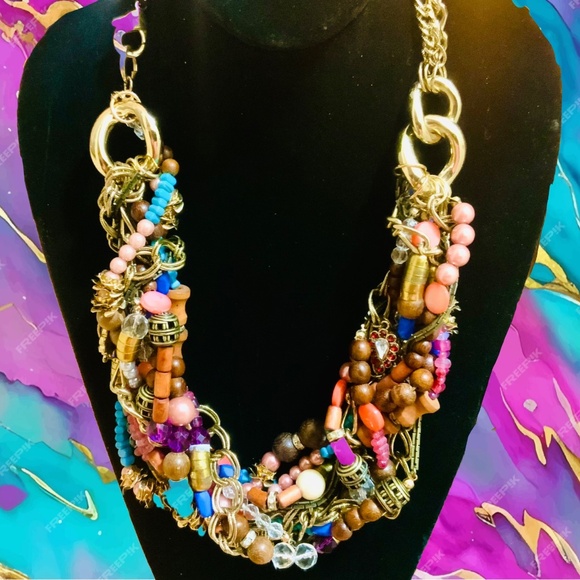 Multi Strand🩷SOLD🩷 BEADED CHUNKY STATEMENT NECKLACE SEQUIN ⭐️ NWT WOOD GLASS - Picture 2 of 14